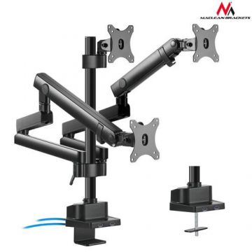 Suport de birou Maclean pentru 3 monitoare, aluminiu/otel, brate reglabile, arcuri, 17 - 32 inch, Negru