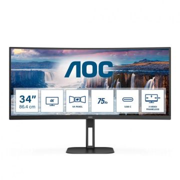MONITOR AOC CU34V5C/BK 34 inch, Panel Type: VA, Backlight: WLED, Curvature: 1500R, Resolution: 3440x1440, Aspect Ratio: 21:9, Refresh Rate:100Hz, Response time GtG: 4 ms, Brightness: 300 cd/m², Contrast (static): 3000:1, Contrast (dynamic): 20M:1, Viewin