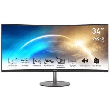 MSI Monitor VA LED MSI PRO 34 MP341CQ, UWQHD (3440 x 1440), HDMI, DisplayPort, AMD FreeSync, Ecran curbat, Boxe, Negru/Gri