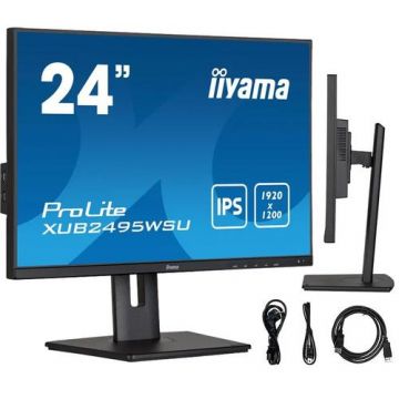 Monitor IPS LED Iiyama 24.1inch XUB2495WSU-B5, 1920 x 1200, VGA, HDMI, DisplayPort, Boxe, Pivot (Negru)