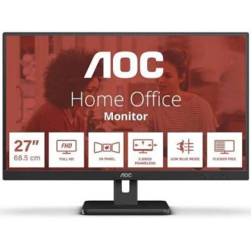 MONITOR AOC 27E3UM 27 inch, Panel Type: VA, Backlight: WLED, Resolution:1920x1080, Aspect Ratio: 16:9, Refresh Rate:75Hz, Response t ime GtG: 4ms, Brightness: 300 cd/m², Contrast (static): 3000:1, Viewing angle:178/178, Colours: 16.7 millions, 2Wx2 speak