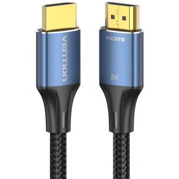 Cablu video Vention ALGLH, HDMI(T) la HDMI(T), 2m, rezolutie maxima 8K la 60Hz/4K la 120Hz, conectori auriti, cupru/argint, bumbac braided (Albastru)