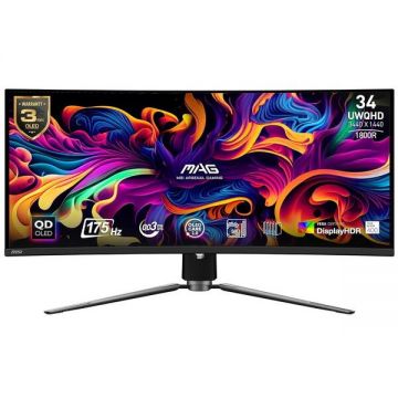 MSI Monitor Gaming QD-OLED MSI 34 MAG 341CQP QD-OLED, UWQHD (3440 x 1440), HDMI, DisplayPort, Ecran curbat, 175 Hz, 0.03 ms, Negru