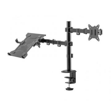 Suport de birou pentru monitor si laptop Nexio NX-LDT66-C024ML, 17-32 inch, dubla articulatie, reglabil, capacitate sustinere 9KG/suport (Negru)