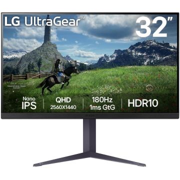 LG Monitor Gaming LED Nano IPS LG UltraGear™ 31.5, QHD (2560x1440), 180Hz, 1ms, AMD FreeSync™, NVIDIA G-Sync™, HDR 10, DCI-P3 98%, HDMI, DisplayPort, Jack, USB, Pivot, Negru
