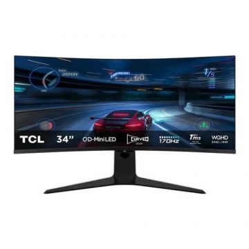 Monitor Gaming Curbat QD Mini-LED TCL 34R83Q, 34inch, UWQHD (3440x1440), 170Hz, 1ms, AMD FreeSync™ Premium, NVIDIA G-Sync™, HDR 1600, 1400 nits, Ambient light, Boxe, USB Type-C, Hub USB, 2x HDMI, Display Port, Jack, Pivot (Negru/Alb)