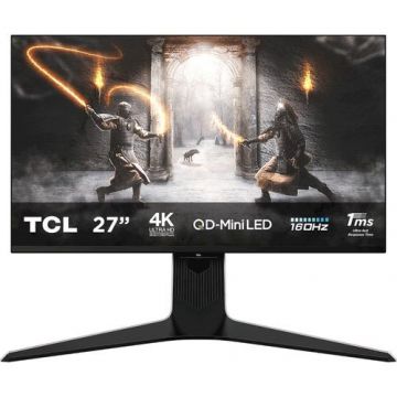 Monitor Gaming QD Mini-LED TCL 27R83U, 27inch, UHD (3840x2160), 160Hz, 1ms, AMD FreeSync™ Premium, NVIDIA G-Sync™, HDR 1600, Ambient light, Boxe, USB Type-C , Hub USB, 2x HDMI, Display Port, Jack, Pivot (Negru/Alb)