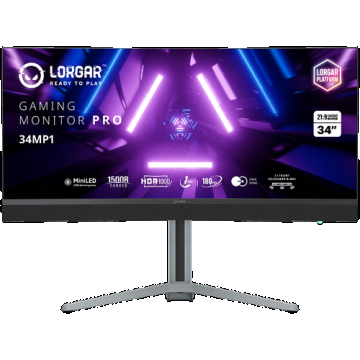 Monitor Gaming VA MiniLED Lorgar 34inch 34MP1, WQHD (3440x1440), HDMI, DisplayPort, AMD FreeSync/G-Sync, Ecran curbat, Boxe, 180 Hz, 1 ms (Negru/Gri)