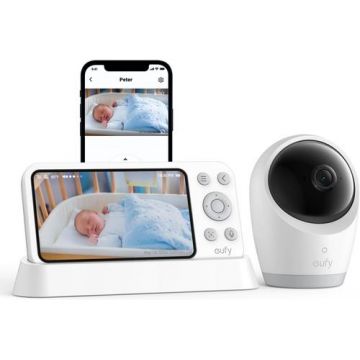 Monitor baby eufy E21, 4K UHD, Display 5inch 720p, 8X Zoom (Alb)