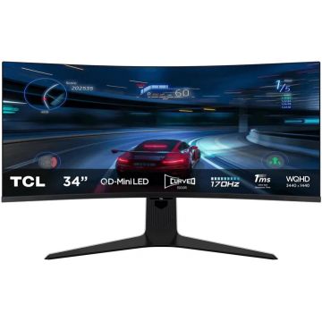 Monitor LED TCL Gaming 34R83Q Curbat 34 inch UWQHD QD-Mini LED 1 ms 170 Hz USB-C HDR FreeSync Premium & G-Sync Compatible