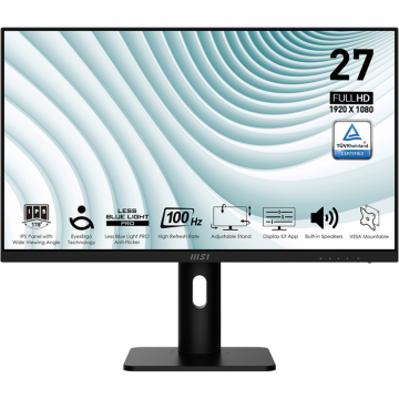 MSI Monitor IPS LED MSI PRO, MP273AP, 27, Full HD, 1ms, 100Hz, VGA, HDMI, DisplayPort, Boxe, Pivot, Negru MSI Monitor IPS LED MSI PRO, MP273AP, 27, Full HD, 1ms, 100Hz, VGA, HDMI, DisplayPort, Boxe, Pivot, Negru
