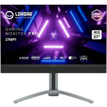 LORGAR Monitor Gaming MiniLED IPS Lorgar Pro 27MP1, Diagonala 27, Rezolutie 4k UHD 3840x2160, 160Hz, 1ms, HDR 1000, Iluminare RGB, Negru-gri, LRG-27MP1U160-GY
