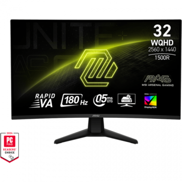 MSI Monitor Gaming Rapid VA LED MSI MAG 31.5 32CQ6F, WQHD (2560 x 1440), HDMI, DisplayPort, Ecran curbat, 180 Hz, 0.5 ms, Negru