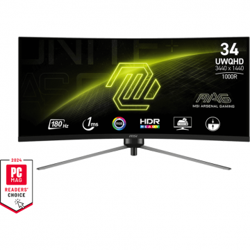MSI Monitor Gaming, VA LED, MSI MAG 345CQR, 34, UWQHD 3440x1440, HDMI, DisplayPort, Ecran curbat, 180 Hz, 1 ms Negru