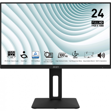 MSI Monitor IPS LED, MSI PRO 24, IPS, Full HD, 1ms, 100Hz, VGA, HDMI, DisplayPort, Boxe, Pivot, Negru