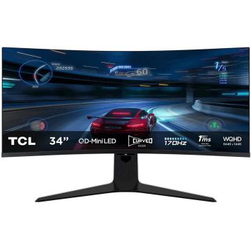 TCL Monitor LED TCL Gaming 34R83Q Curbat 34 inch UWQHD QD-Mini LED 1 ms 170 Hz USB-C HDR FreeSync Premium & G-Sync Compatible, Negru TCL Monitor LED TCL Gaming 34R83Q Curbat 34 inch UWQHD QD-Mini LED 1 ms 170 Hz USB-C HDR FreeSync Premium & G-Sync Compatible, Negru