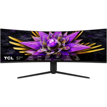 TCL Monitor Gaming Curbat QD-mini LED TCL 57R94 57, Dual UHD (7680x2160), 120Hz, 1ms, AMD FreeSync™ Premium, NVIDIA G-Sync Compatible, R1000, Boxe 10W x2, USB Type-C 90W, Hub USB, 2x HDMI, DisplayPort, Pivot, VESA, Alb