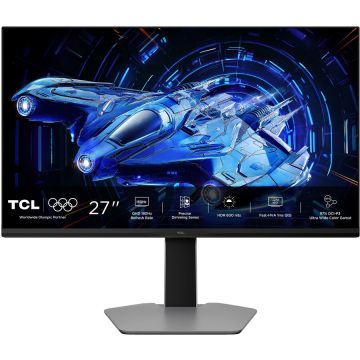 TCL Monitor Gaming QD-Mini LED TCL 27G64, 27, QHD (2560x1440), 180Hz, 1ms GTG, AMD FreeSync™ Premium, G-Sync™ Compatible, HDR600, 2x HDMI, Display Port, Jack, Pivot, Negru-Gri