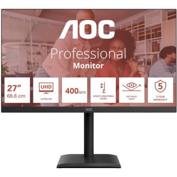 AOC Monitor LEd IPS AOC U27E4CV, 27, 4K UHD, 4 ms, 60 HZ, HDMI, DisplayPort, USB, Negru