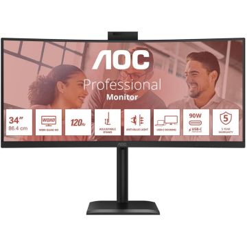 AOC Monitor VA LED AOC 34 CU34E4CW, UWQHD (3440x1440), HDMI, DisplayPort, Ecran curbat, Boxe, 120 Hz, 4 ms, Negru