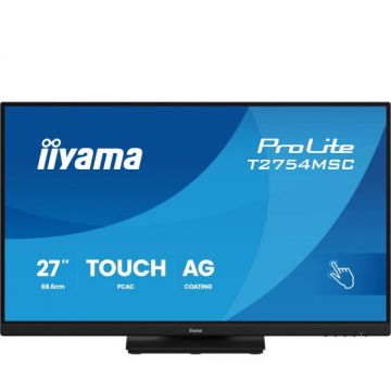 IIYAMA Monitor LCD tactil IPS IIYAMA T2754MSC-B2AG, 27, Full HD 1920x1080, tehnologie capacitiva proiectata, 83 HZ, 4 ms, 1xVGA/1xHDMI/2xUSB 3.2, Negru