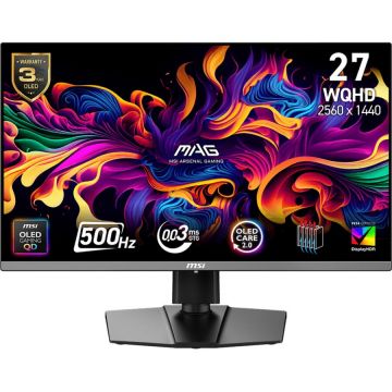 MSI Monitor Gaming QD-OLED MSI 26.5 MAG 272QP QD-OLED X50, WQHD (2560 x 1440), HDMI, DisplayPort, Pivot, 500 Hz, 0.03 ms, Negru